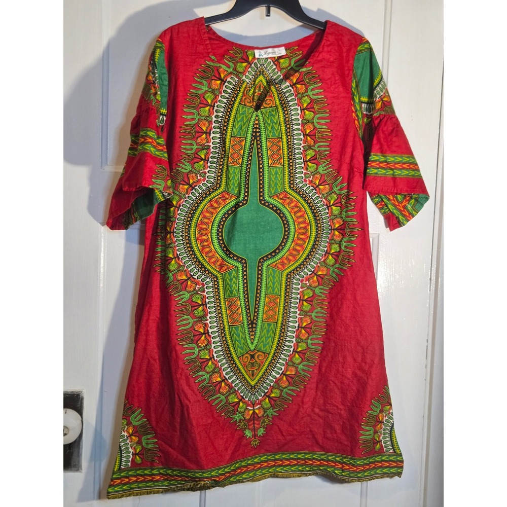 Lapogee Red Cotton Dashiki Print Tunic Dress Womens Large Short Sleeve African